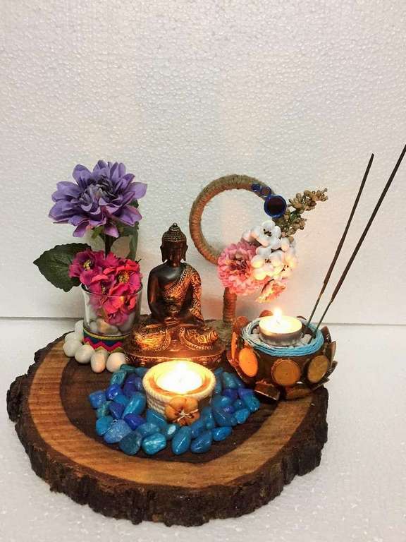 Natural Wood Slice Buddha T Light & Candles