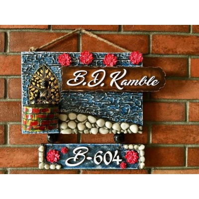 Buddha Blue Wooden Name Plate for House & Office