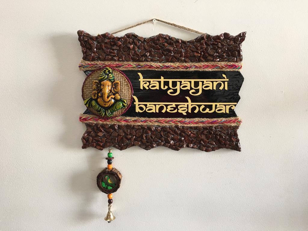 Ganesha and pebbles Wooden Name Plate
